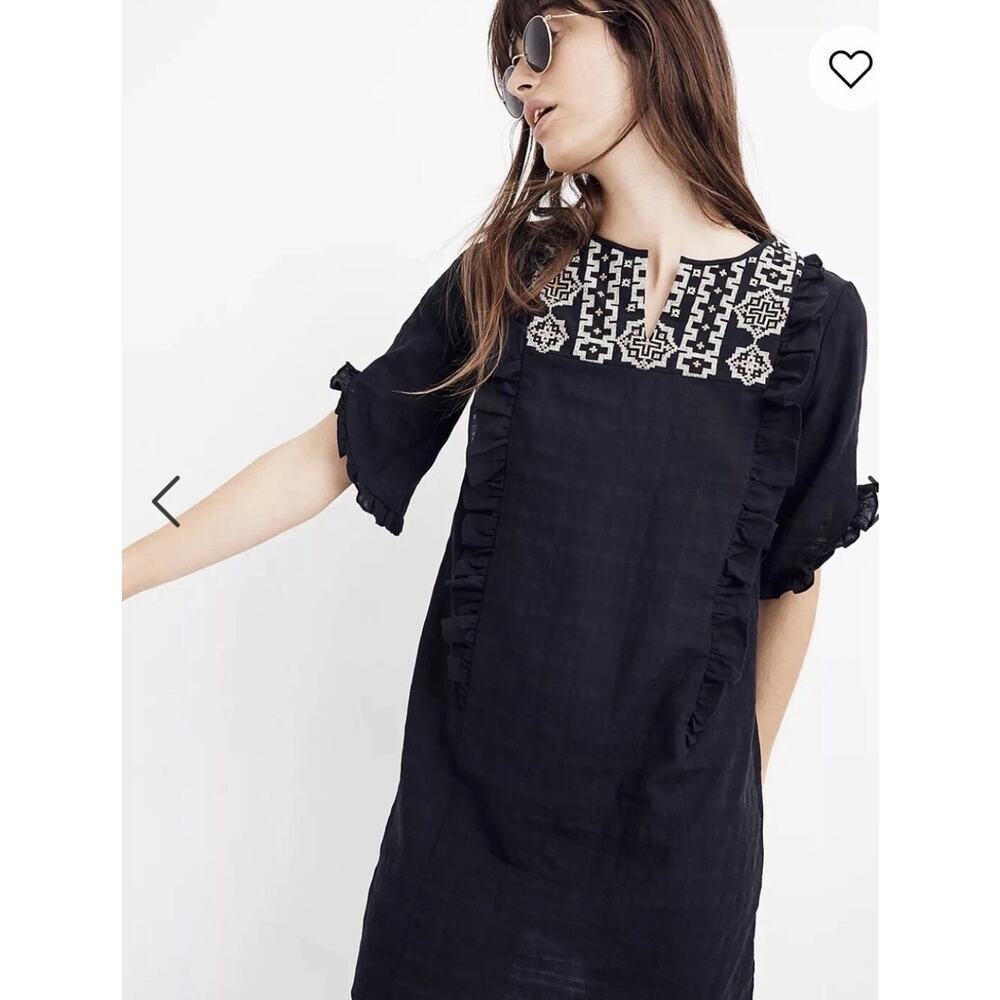 MADEWELL Black Cotton Dress Boho Whimsy Cottage Embroidered Ruffle SM
